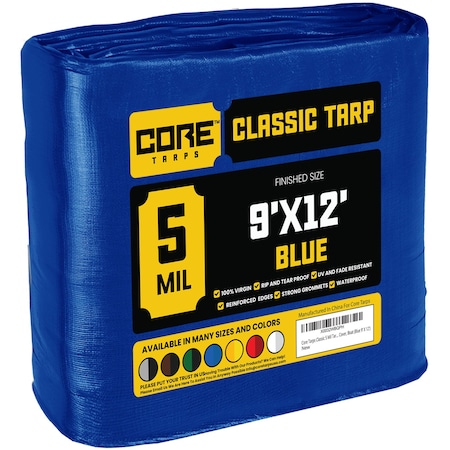 Core Tarps Heavy Duty Tarp, 12 ft L x 0.5 mm H x 9 ft W, 5 Mil, Blue, Polyethylene CT-505-9X12